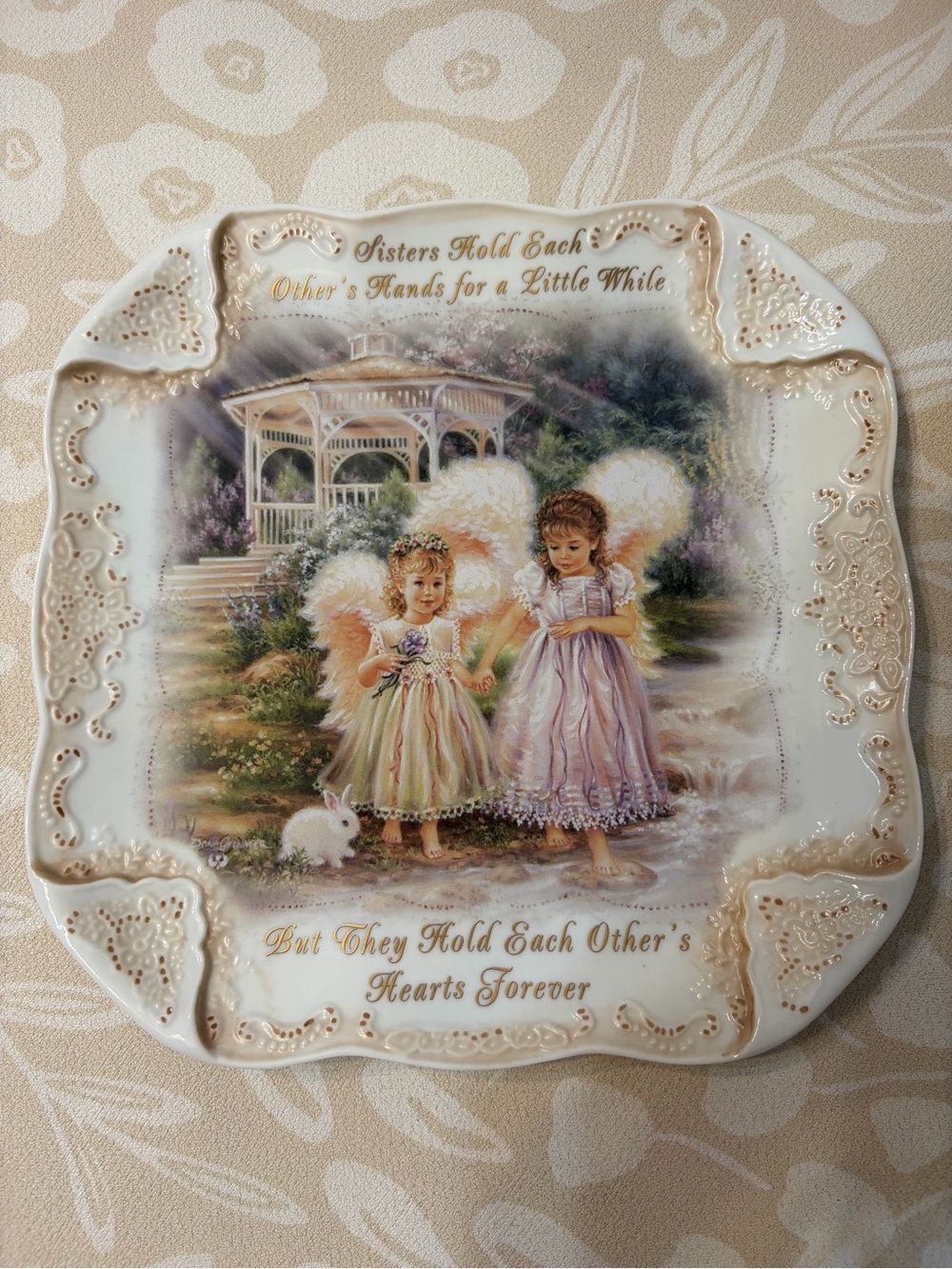 Sisters Hold Each Other Decorative Porcelain Plate Vintage Dona Gelsinger